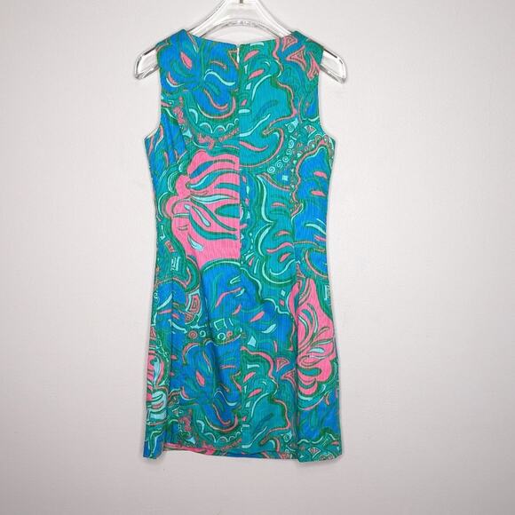 Lilly Pulitzer Blue Macfarlane Shift Dress Gold Embroidered Scoop Neck 00 - Picture 2 of 9
